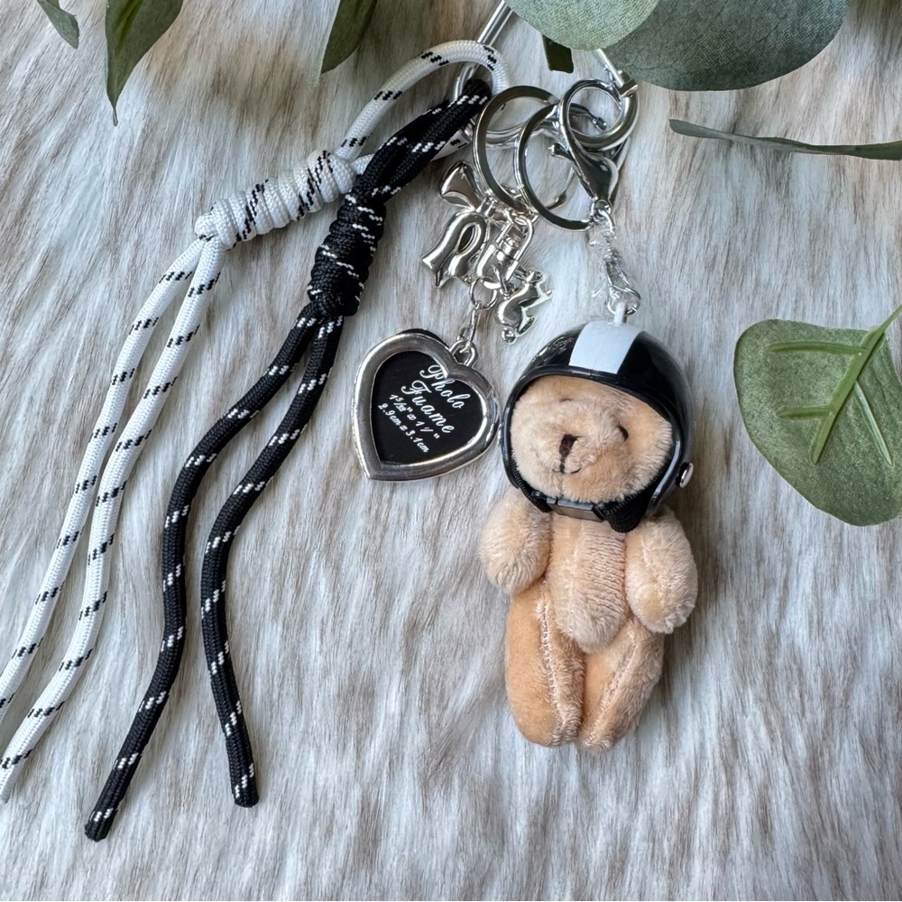 Plush Bear Keychain with Black and White Accents
